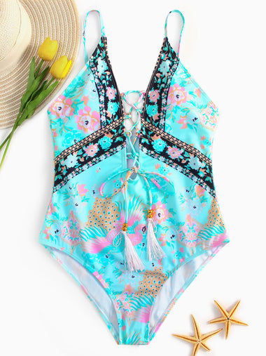 Wholesale V-Neck Sleeveless Floral Print Lace-Up One-Pieces Swimwears