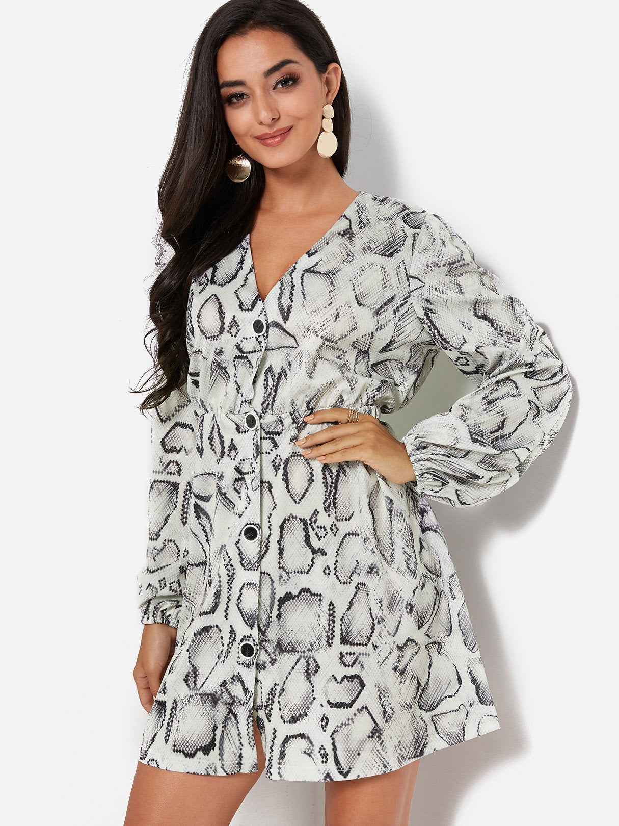 Wholesale White Deep V Neck Long Sleeve Snake Dresses