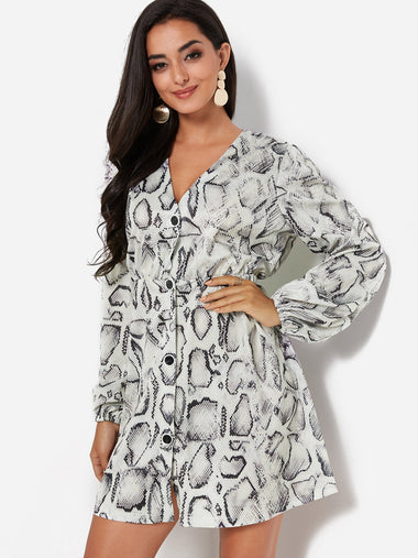 Wholesale White Deep V Neck Long Sleeve Snake Dresses