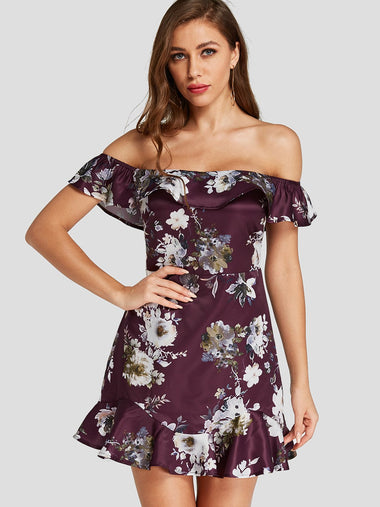 Wholesale Off The Shoulder Floral Print Backless Double Layer Flounced Hem Mini Dresses