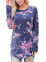 Wholesale Round Neck Floral Print Long Sleeve Curved Hem T-Shirt