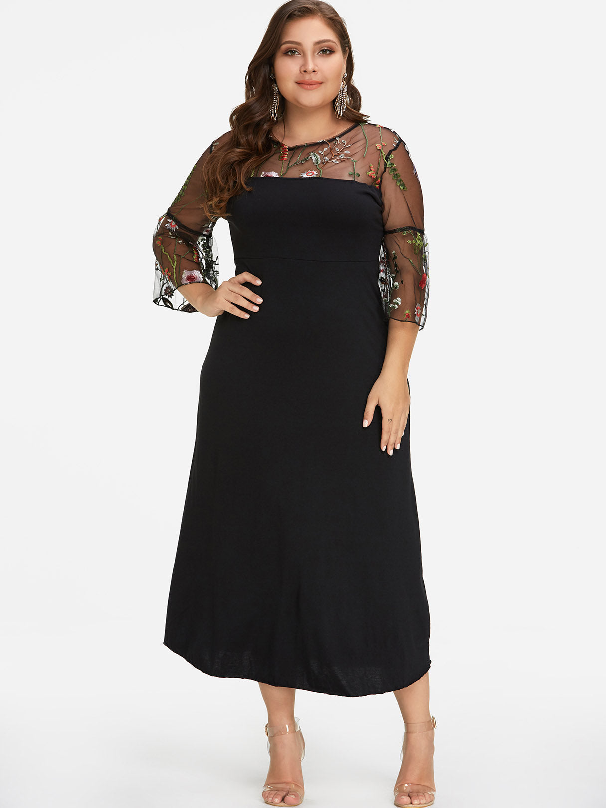 Wholesale Round Neck Lace See Through 3/4 Sleeve Black Plus Size Dress