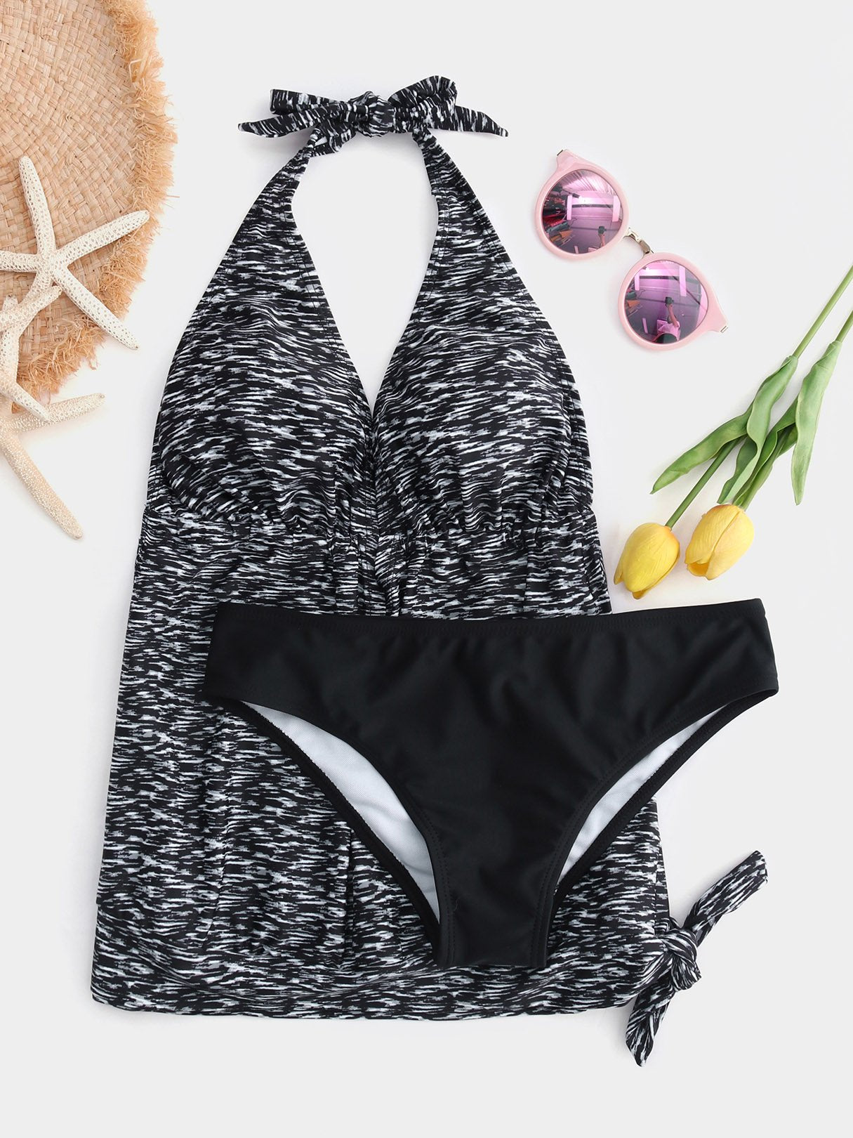 Wholesale Halter V-Neck Backless Tie-Up Sleeveless Grey Tankinis