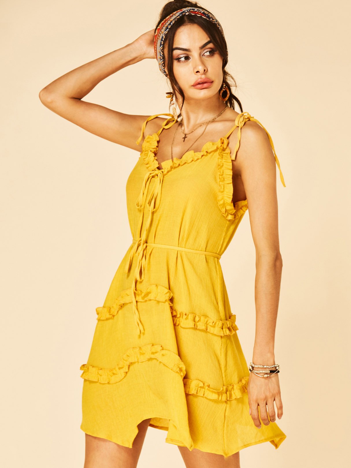 OEM Ladies Yellow V-Neck Dresses