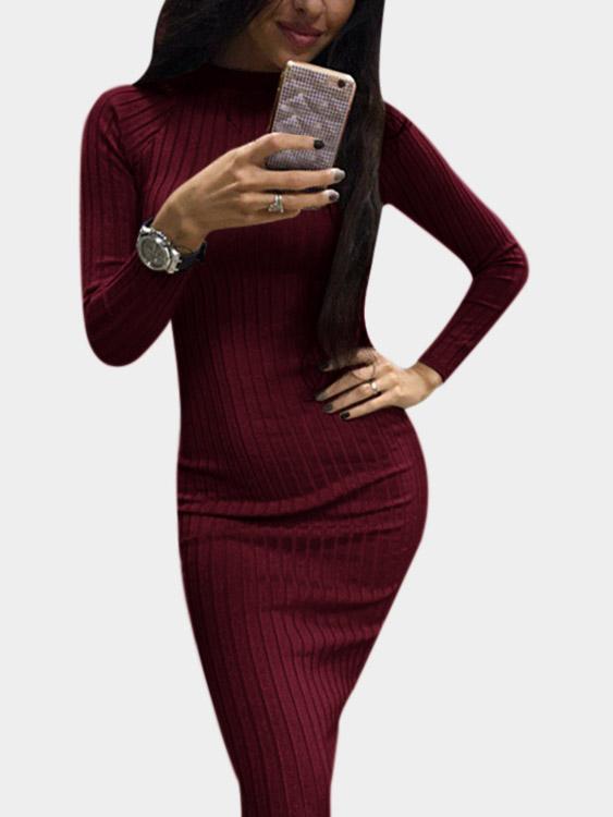 Wholesale Crew Neck Cable Knit Long Sleeve Bodycon Hem Burgundy High-Waisted Sexy Dresses
