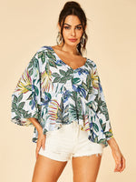 Wholesale V-Neck Floral Print Long Sleeve White Blouse