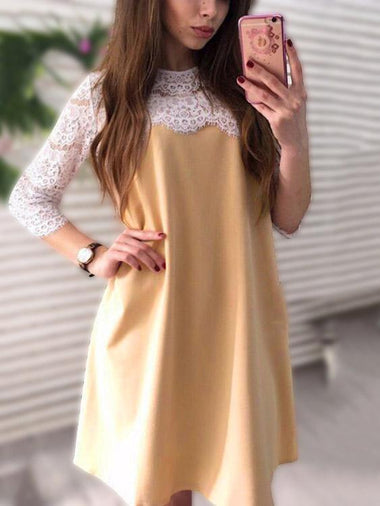 Wholesale Round Neck Lace 3/4 Length Sleeve Khaki Mini Dress