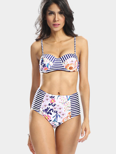 Wholesale Sleeveless Stripe Floral Print High Waist Two Piece Bikinis