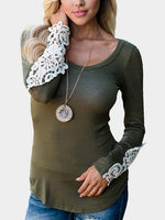 Wholesale Scoop Neck Lace Long Sleeve Green T-Shirts