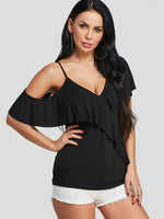Wholesale Cold Shoulder Deep V Neck Plain Spaghetti Strap Short Sleeve Black Blouses