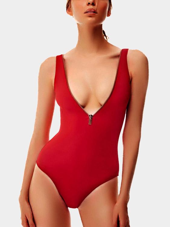 Wholesale Red Deep V Neck Sleeveless Zip Back One-Pieces Swimsuits