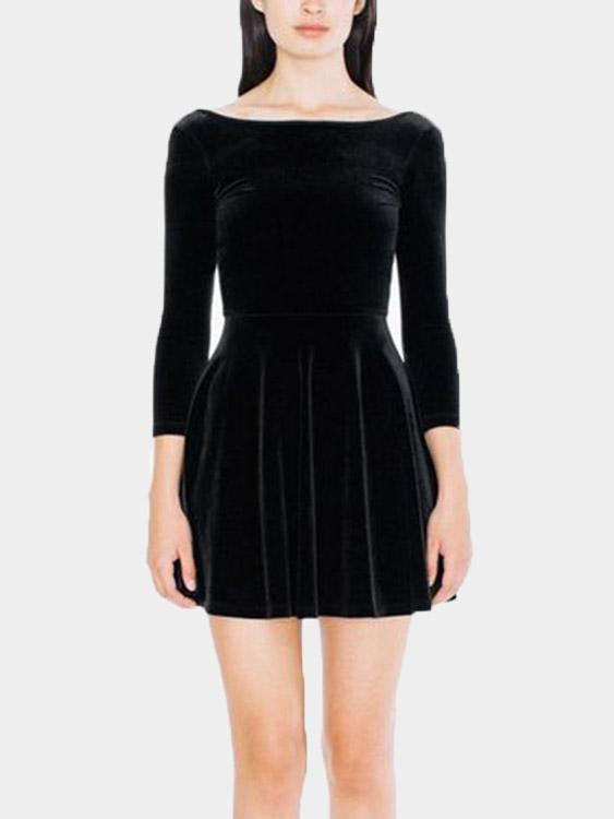 Wholesale Black Round Neck Long Sleeve Plain Backless Flounced Hem Sexy Dresses