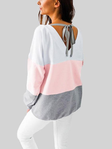 Wholesale Crew Neck Stripe Lace-Up Long Sleeve T-Shirts