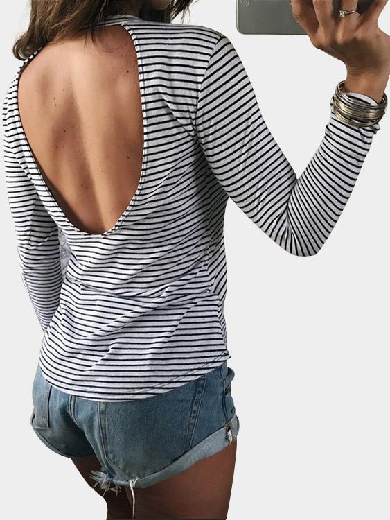 Wholesale Round Neck Stripe Backless Hollow Cut Out Long Sleeve Curved Hem White T-Shirts
