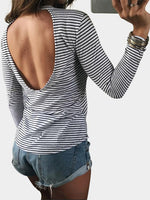 Wholesale Round Neck Stripe Backless Hollow Cut Out Long Sleeve Curved Hem White T-Shirts