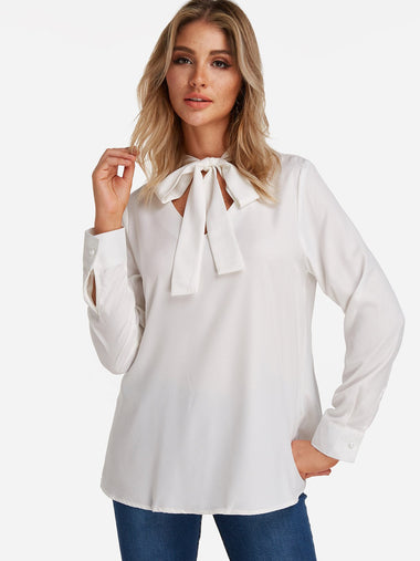 Wholesale V-Neck Plain Lace-Up Long Sleeve White Blouses