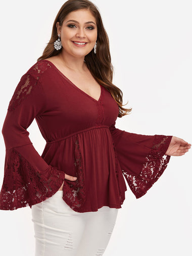 Wholesale V-Neck Plain Lace Pleated Long Sleeve Flounced Hem Burgundy Plus Size Tops