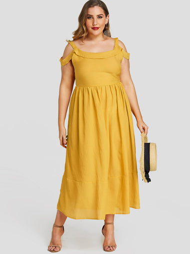 Wholesale Cold Shoulder Plain Backless Pleated Self-Tie Short Sleeve Stitching Hem Yellow Plus Size Dress