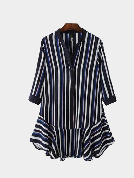 Wholesale 3/4 Sleeve Length Stripe Flounced Hem Mini Dress