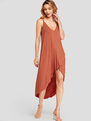 Wholesale Orange V-Neck Sleeveless Plain Crossed Front Backless Criss-Cross Slit Hem Dresses