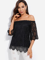 Wholesale Off The Shoulder Plain Lace 3/4 Sleeve Black Blouses