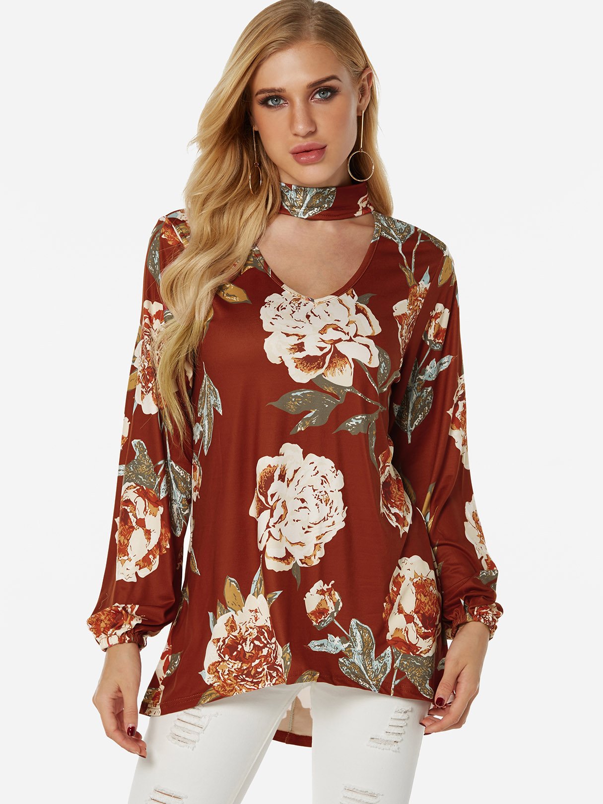 Wholesale Perkins Collar Floral Print Cut Out Long Sleeve Curved Hem Blouses