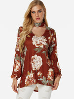 Wholesale Perkins Collar Floral Print Cut Out Long Sleeve Curved Hem Blouses