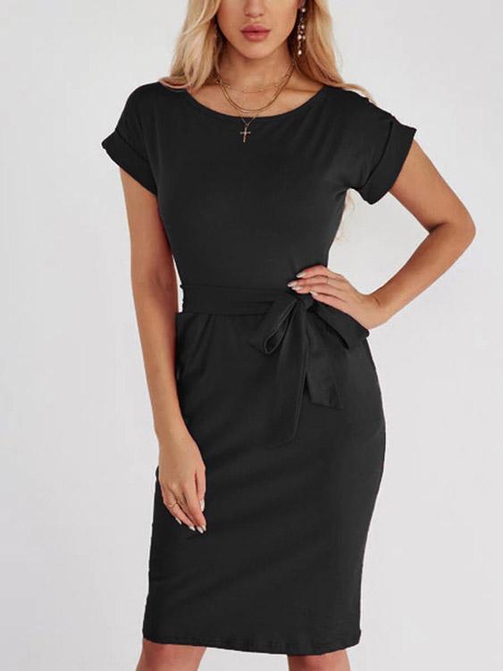 Wholesale Black Round Neck Short Sleeve Lace-Up High-Waisted Casual Dress