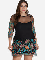 Wholesale Floral Print Embroidered See Through 3/4 Sleeve Bodycon Black Plus Size Dresses