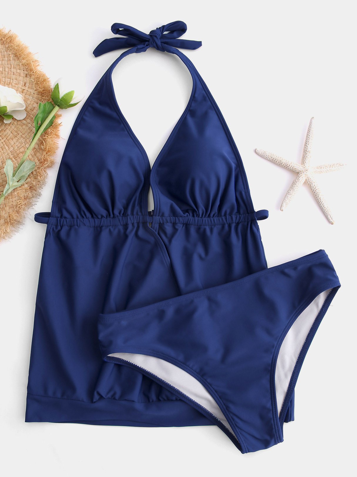 Wholesale Navy Halter V-Neck Plain Tie-Up Tankinis