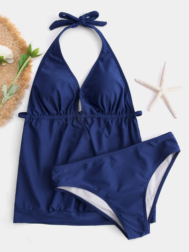 Wholesale Navy Halter V-Neck Plain Tie-Up Tankinis