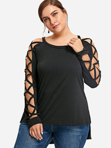 Wholesale Scoop Neck Plain Cut Out Criss-Cross Long Sleeve High-Low Hem Black Plus Size Tops