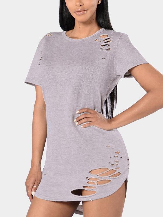 Wholesale Round Neck Hollow Cut Out Short Sleeve Light Grey T-Shirts