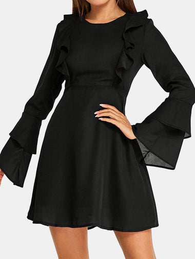 Wholesale Round Neck Long Sleeve Plain Tiered High-Waisted Casual Dresses