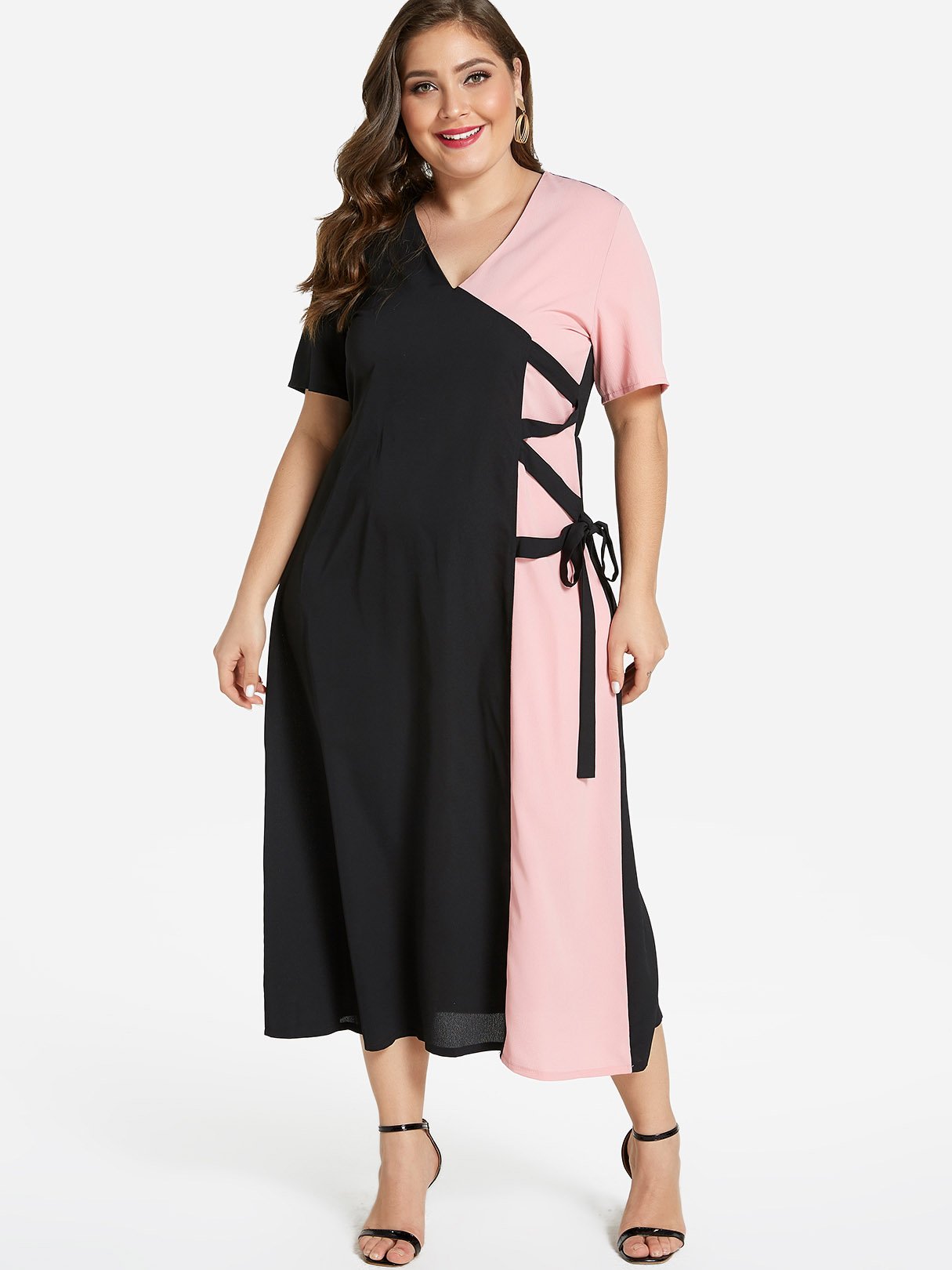 Wholesale Round Neck Self-Tie Short Sleeve Plus Size Dress