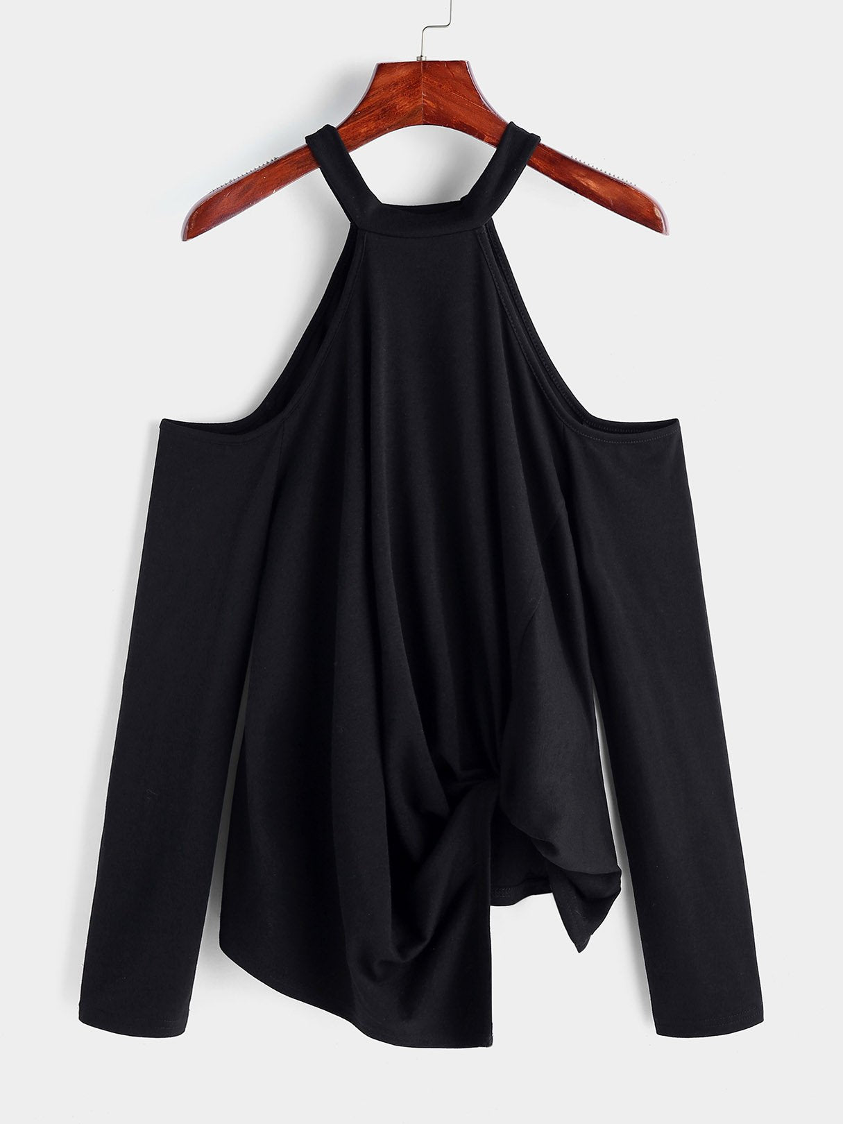 Wholesale Halter Cold Shoulder Plain Long Sleeve Black T-Shirts