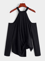 Wholesale Halter Cold Shoulder Plain Long Sleeve Black T-Shirts