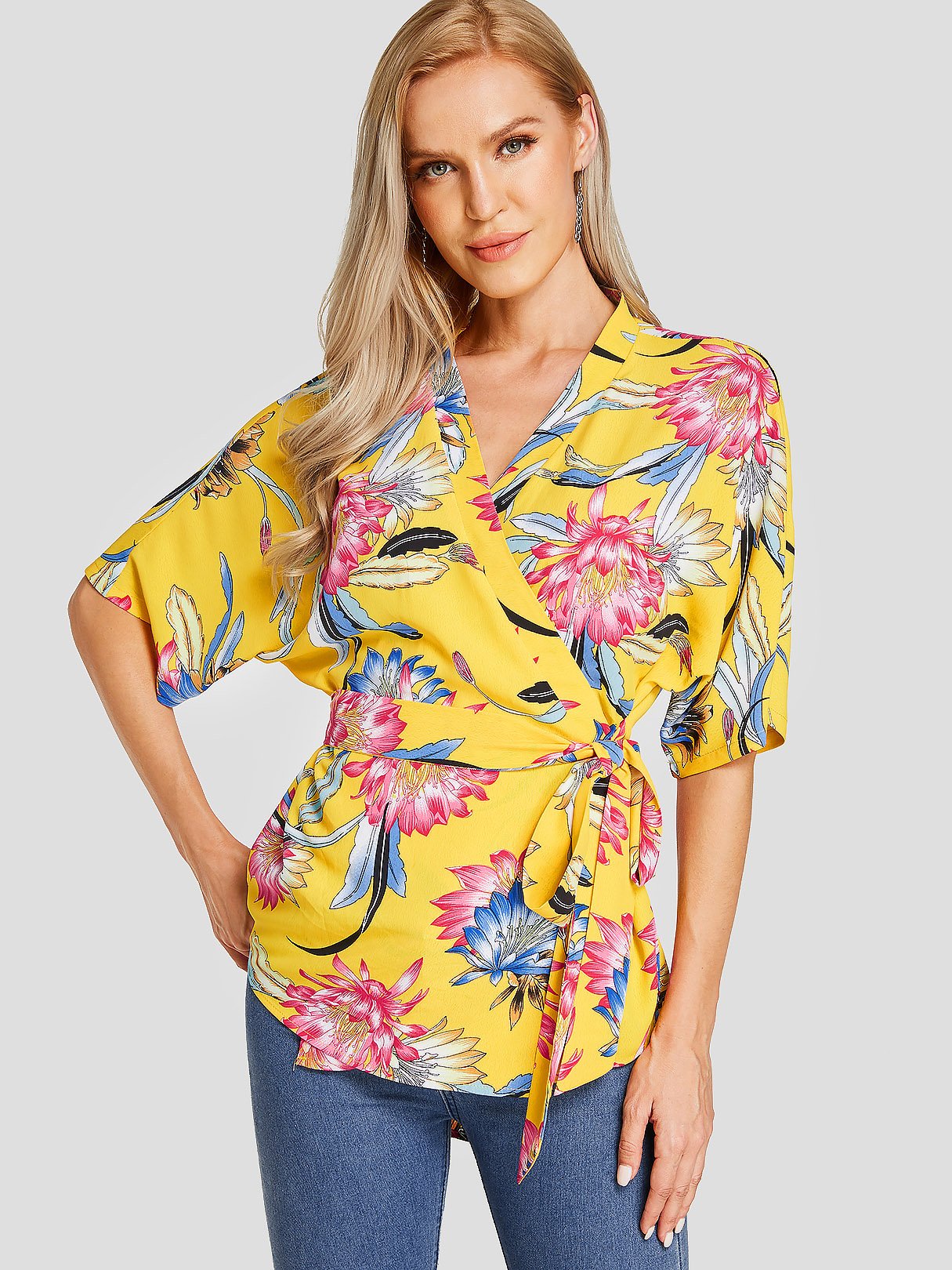 Wholesale V-Neck Floral Print Self-Tie Half Sleeve Yellow Blouses