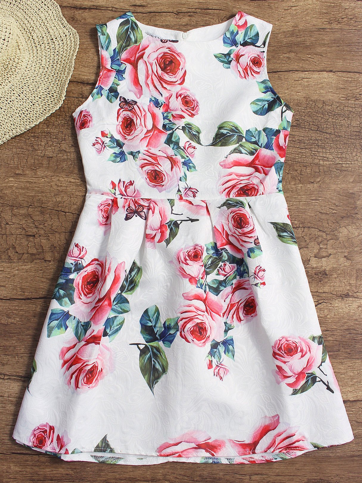 Wholesale White Round Neck Sleeveless Floral Print Zip Back Dresses