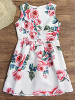 Wholesale White Round Neck Sleeveless Floral Print Zip Back Dresses