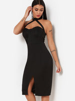 Wholesale Black Halter Sleeveless Backless Slit Hem Sexy Dresses