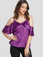 Wholesale Cold Shoulder Plain Backless Ruffle Trim Short Sleeve Purple T-Shirts