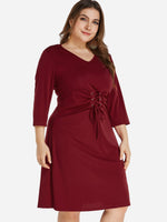 Wholesale V-Neck Plain Lace-Up Self-Tie 3/4 Sleeve Burgundy Plus Size Dress