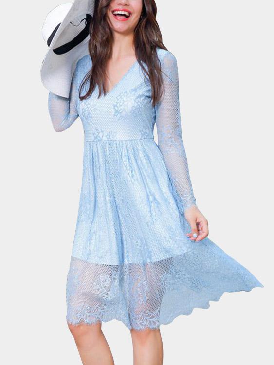 Wholesale Blue V-Neck Long Sleeve Plain Lace Zip Back High Waist Dresses