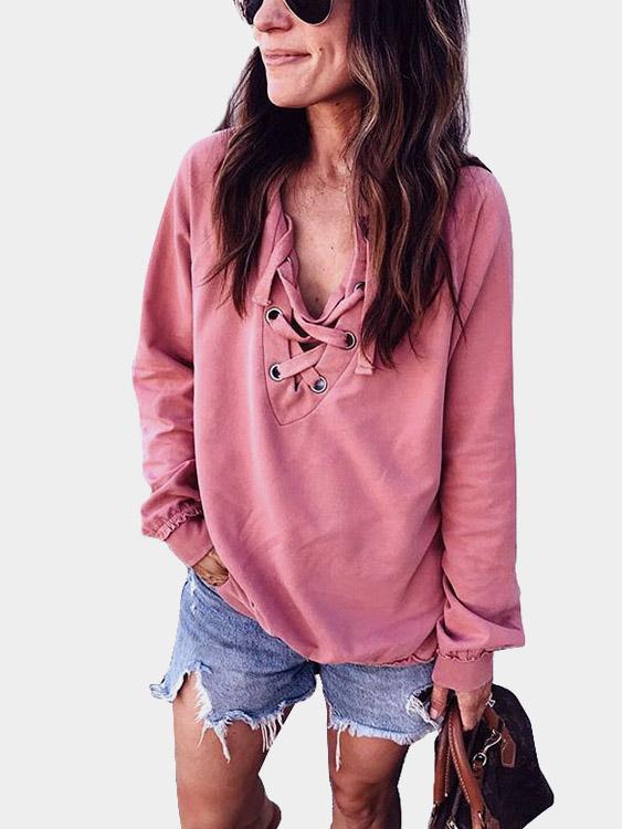 Wholesale V-Neck Lace-Up Long Sleeve Bodycon Hem Pink T-Shirts