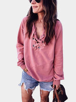 Wholesale V-Neck Lace-Up Long Sleeve Bodycon Hem Pink T-Shirts