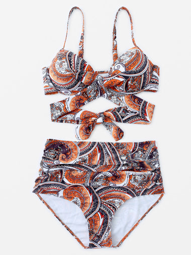 Wholesale V-Neck Backless Cut Out Self-Tie Sleeveless Bodycon Orange Plus Size Swimwear