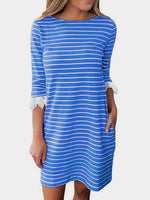 Wholesale Round Neck Stripe Lace 3/4 Length Sleeve Blue Mini Dress