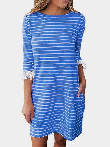 Wholesale Round Neck Stripe Lace 3/4 Length Sleeve Blue Mini Dress
