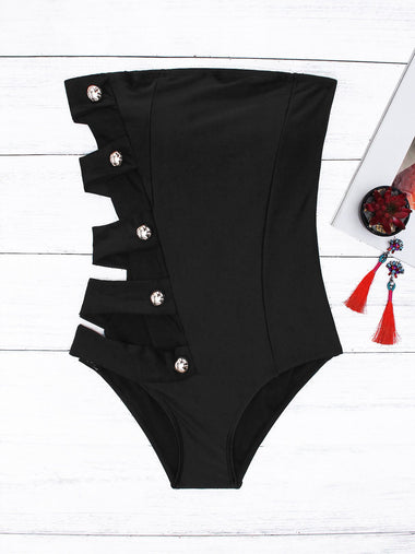 Wholesale Black Tube Top Sleeveless Plain Backless Cut Out One-Piece Swimsuit